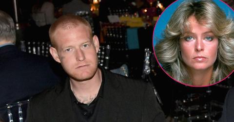 Redmond O'Neal attends an event with his dad, inset Farrah Fawcett in the upper right corner.