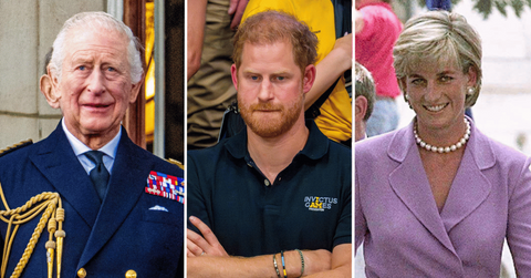 Split photo of King Charles, Prince Harry and Princess Diana.