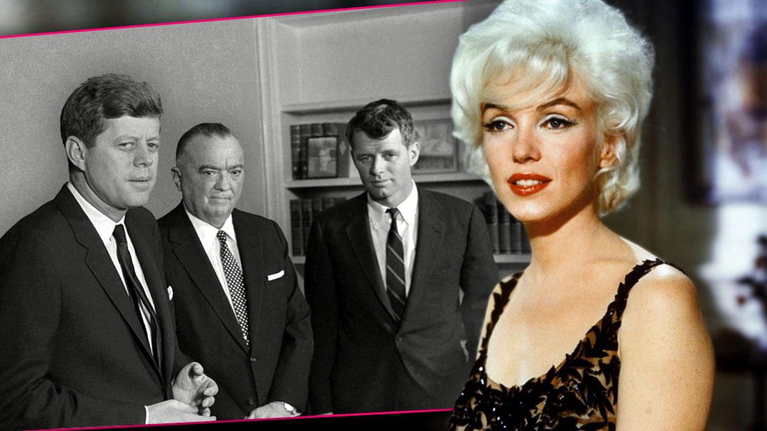 Black and White Photo Inset Of JFK, J Edgar Hoover and RFK, Color Photo Of Marilyn Monroe Wearing Black Evening Gown Black