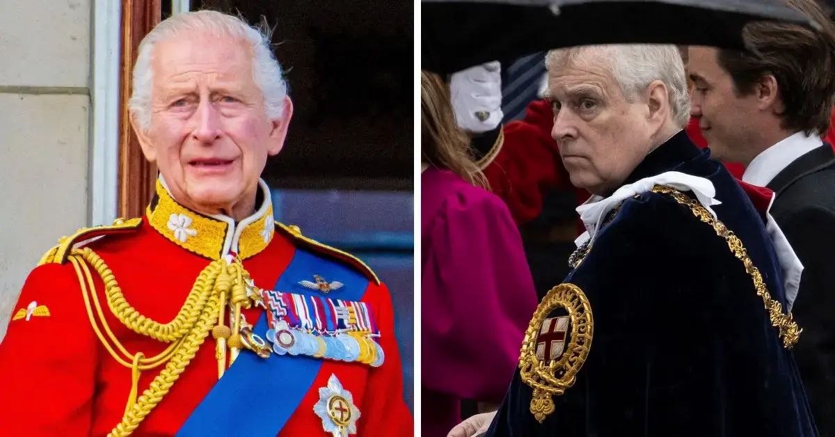 Split photo of Prince Andrew & King Charles III