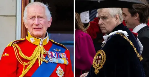 Split photo of Prince Andrew & King Charles III