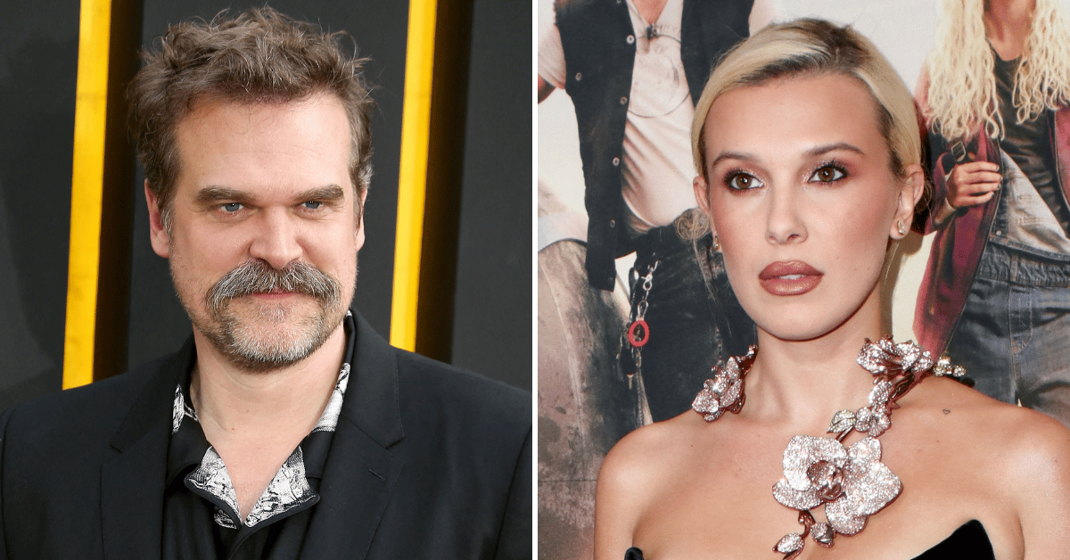 Split photo of David Harbour, Millie Bobby Brown
