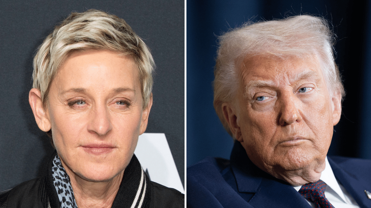 Split photo of Ellen DeGeneres, Donald Trump