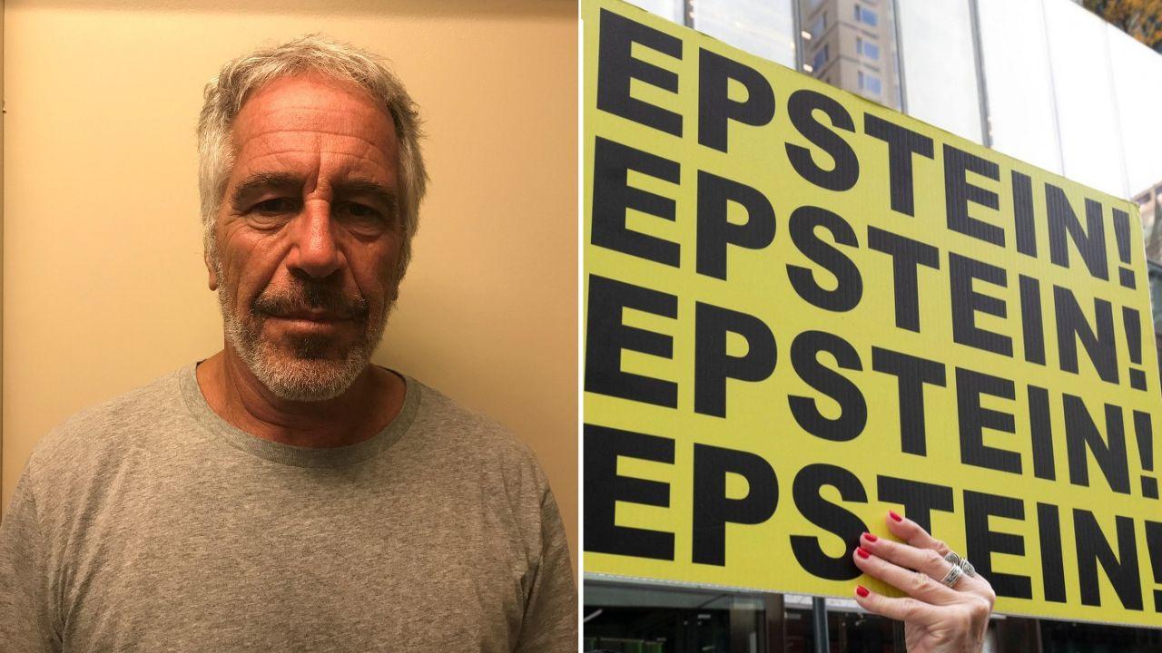 A photo of Jeffrey Epstein alongside an Epstein protest sign