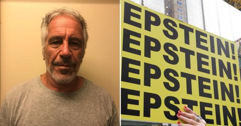 A photo of Jeffrey Epstein alongside an Epstein protest sign
