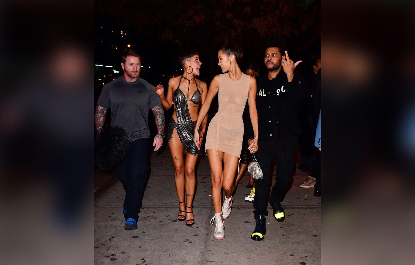 Bella Hadid Flashes Nipples In Tight Nude Dress