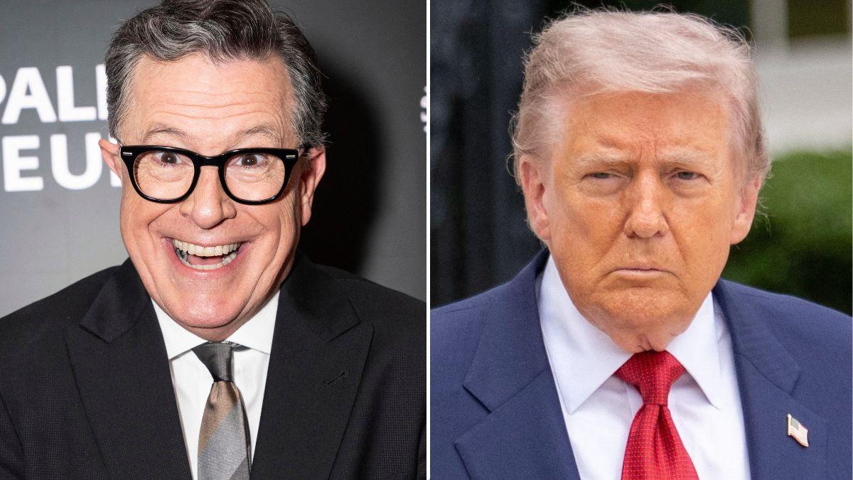 split image of Stephen Colbert and Donald Trump
