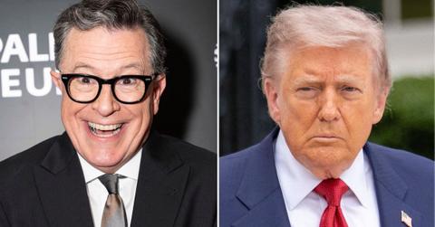 split image of Stephen Colbert and Donald Trump