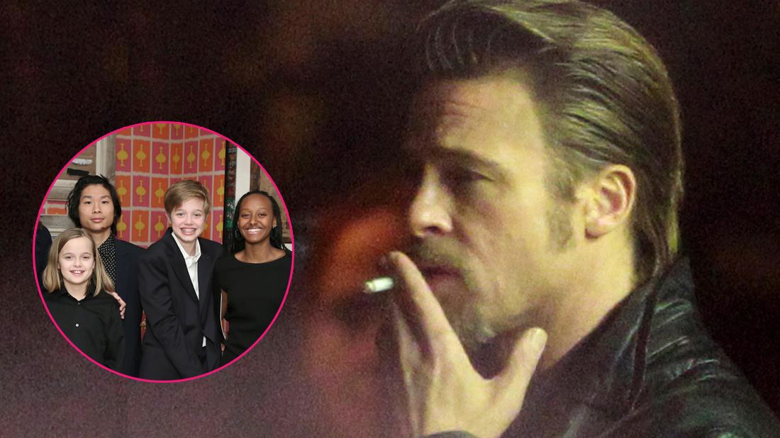 Brad pitt smokes a cigarette. Inset to the left, a group photo of his kids