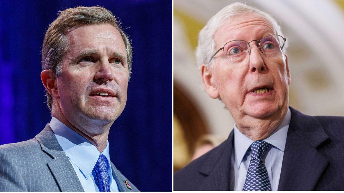 split image of Andy Beshear and Mitch McConnell