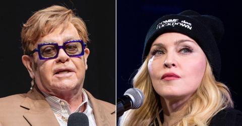 split photo of Elton John, Madonna