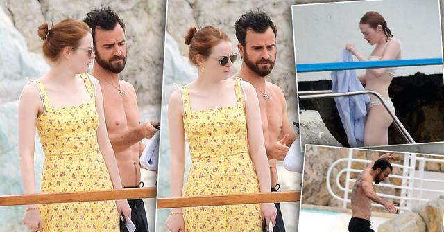 Justin Theroux Shirtless Emma Stone Bikini Vacation