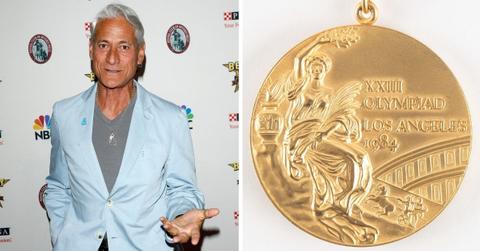 split photo of greg louganis and gold medal