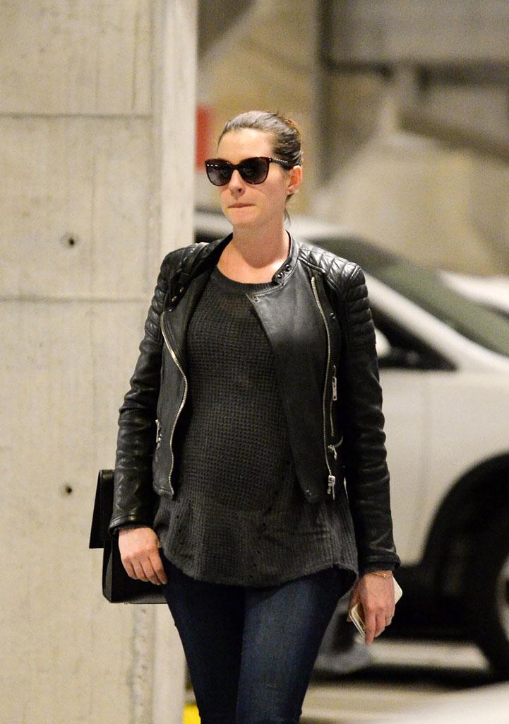 Anne Hathaway Pregnant Baby Bump Leather Jacket