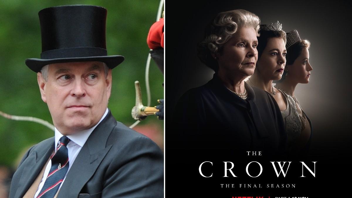 Photo of Andrew Windsora and pster of 'The Crown'