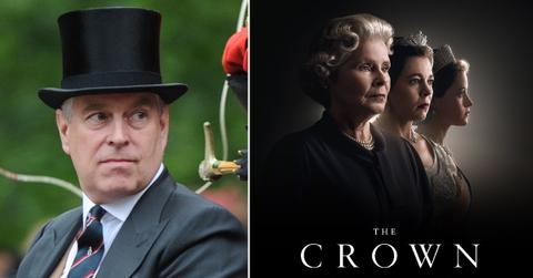 Photo of Andrew Windsora and pster of 'The Crown'