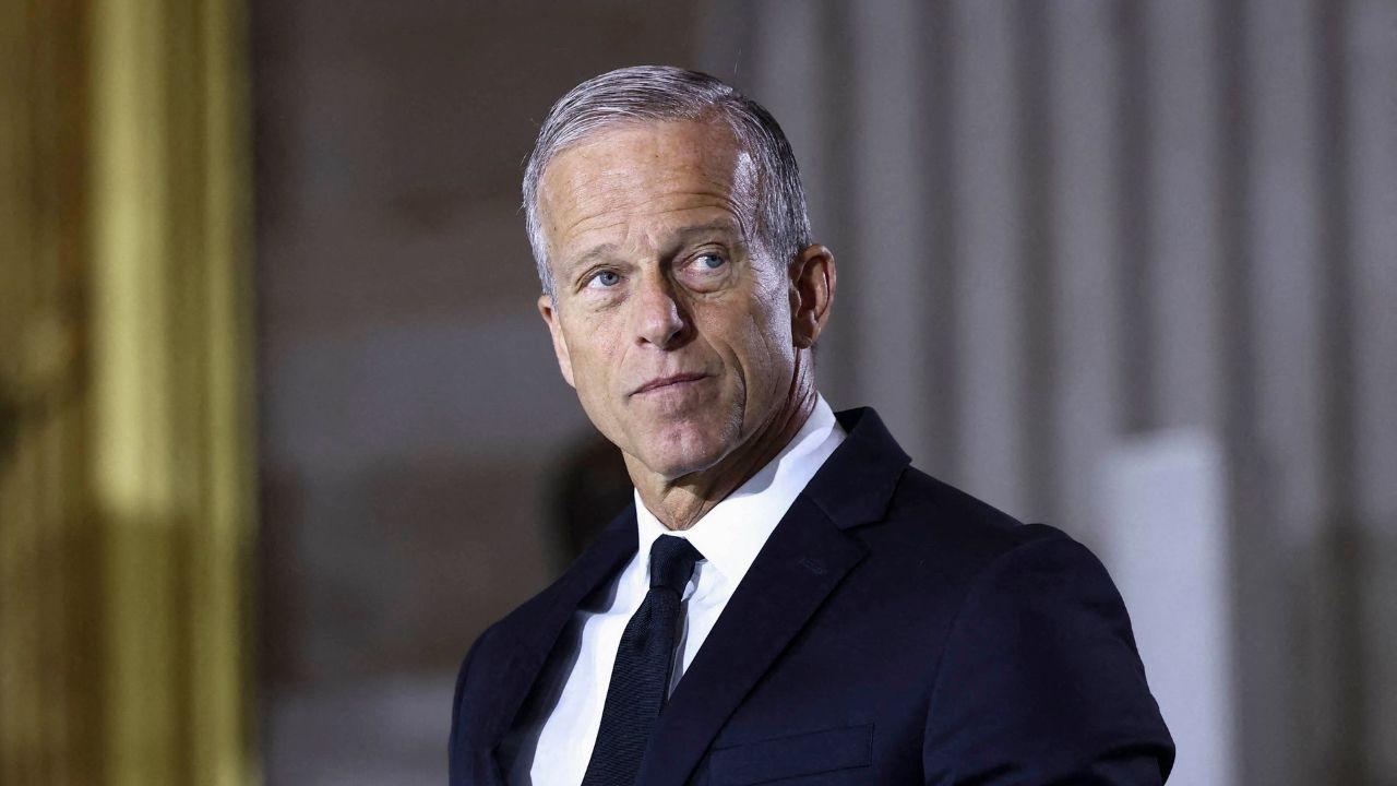 Image of Senate Majority Leader John Thune referenced Trump's viral comments about Jon Husted at an event on October 27, 2026.