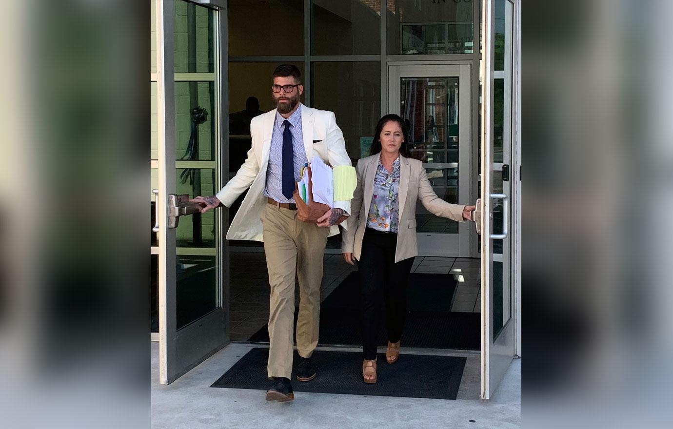 Jenelle Evans in Print Shirt and Blazer, BlackPants and David Eason in Striped Shirt, Blue Tie Creme Blazer Tan Slacks Walking Out Of Court House