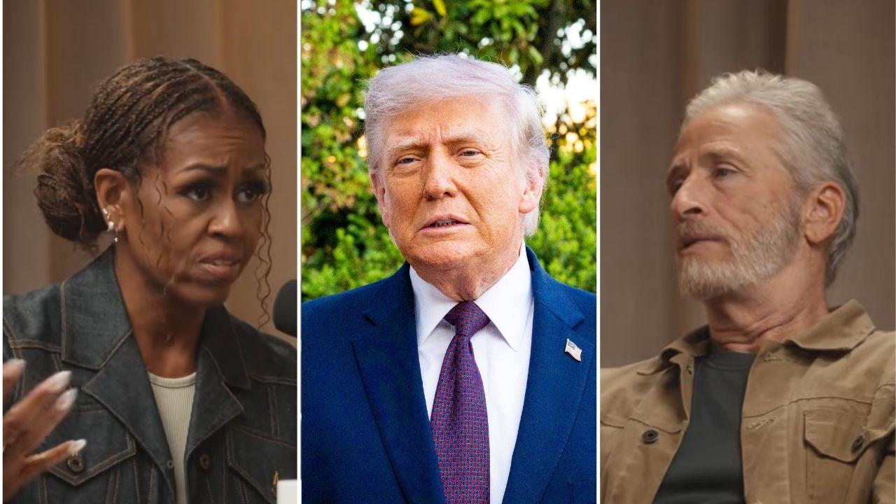 A photo of Michelle Obama alongside a photo of Donald Trump alongside a photo of Jon Stewart