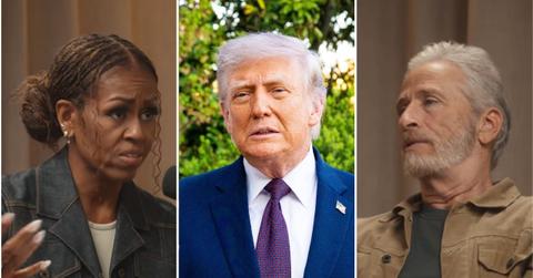 A photo of Michelle Obama alongside a photo of Donald Trump alongside a photo of Jon Stewart