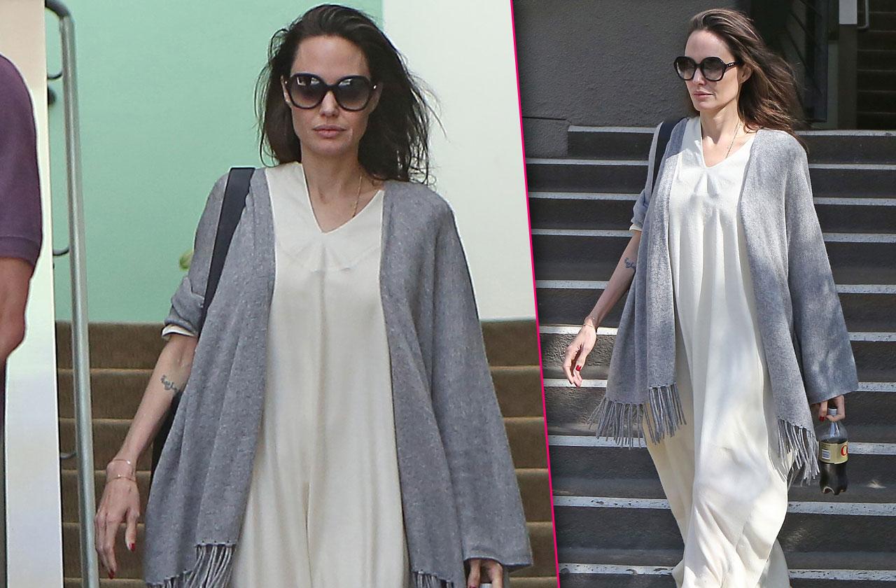 Angelina Jolie Shows Off Skinny Arms As She Sips On Diet Drink