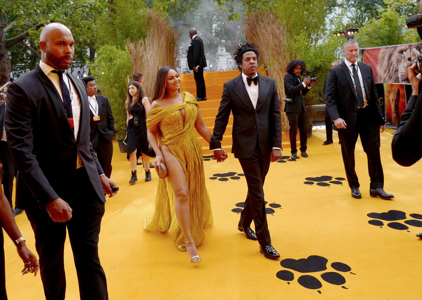 Beyonce Knowles-Carter and Jay-Z attend the European Premiere of Disney's "The Lion King" at Odeon Luxe Leicester Square on July 14, 2019 in London, England.