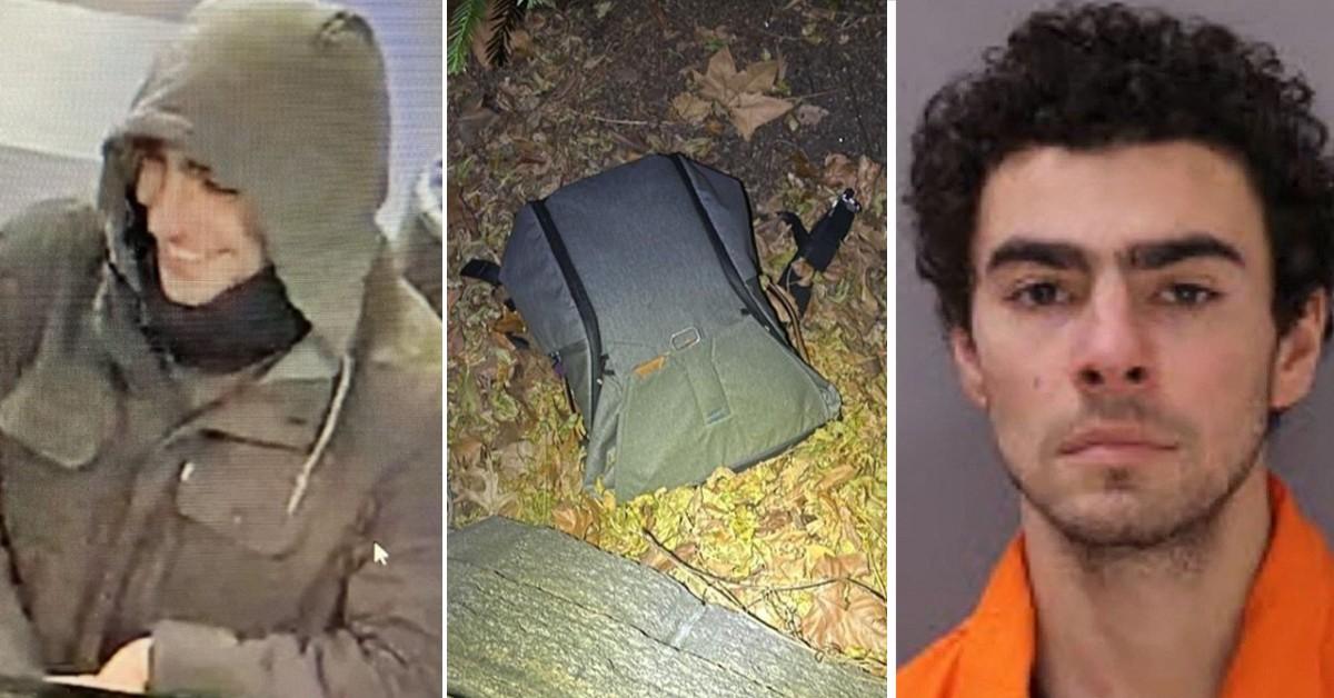 Composite photo of Luigi Mangione, his alleged backpack, mugshot