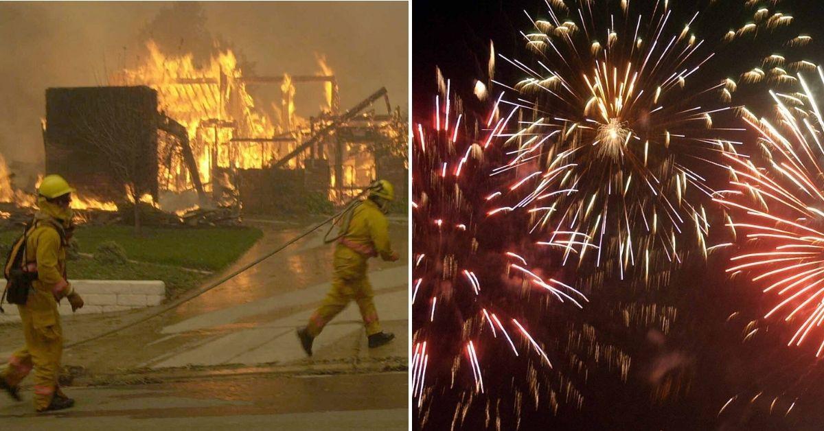 Split photo of California wildfire, fireworks.