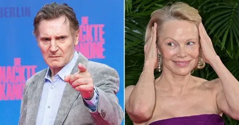 Split photos of Liam Neeson and Pamela Anderson
