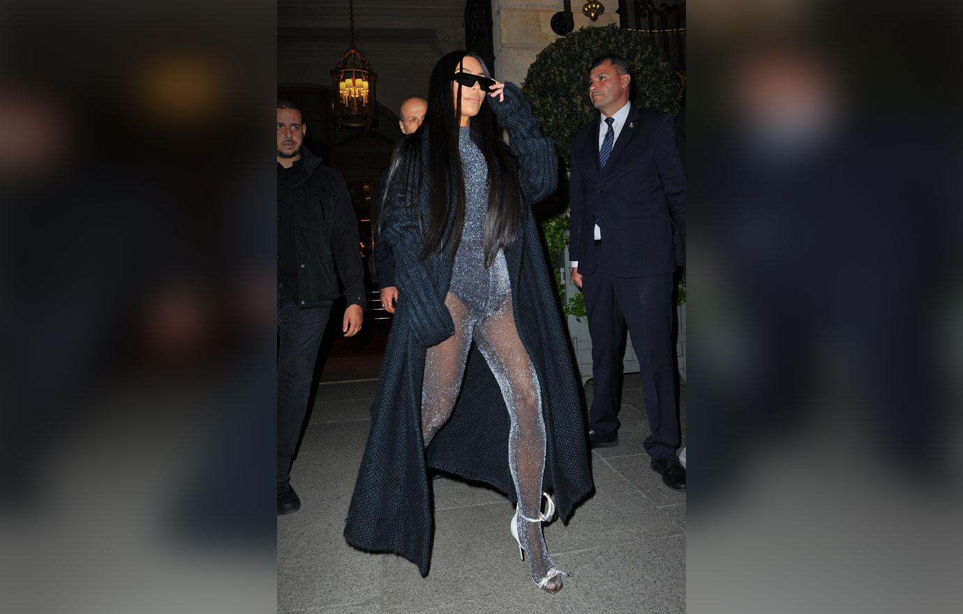 Kim Kardashian Steps Out In Paris Wearing Shocking Sparkly Sheer Bodysuit