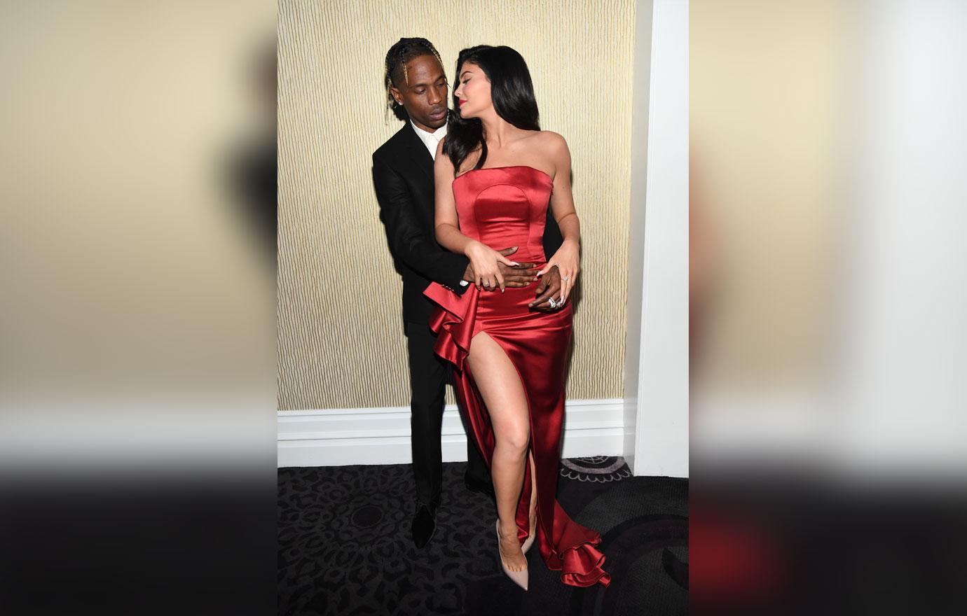 Kylie Jenner Wears Red Strapless Gown at Pre-Grammys Gala