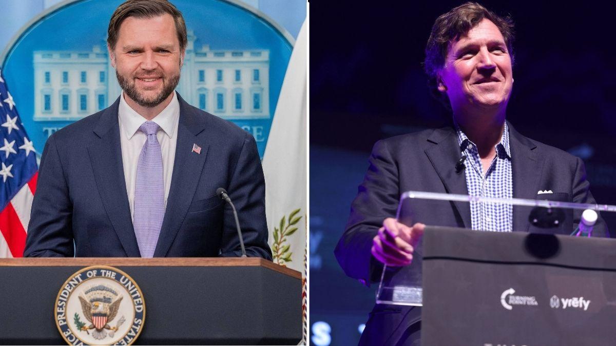 A photo of JD Vance alongside a photo of Tucker Carlson