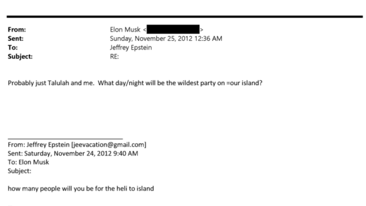 Photo of emails between Elon Musk and Jeffrey Epstein