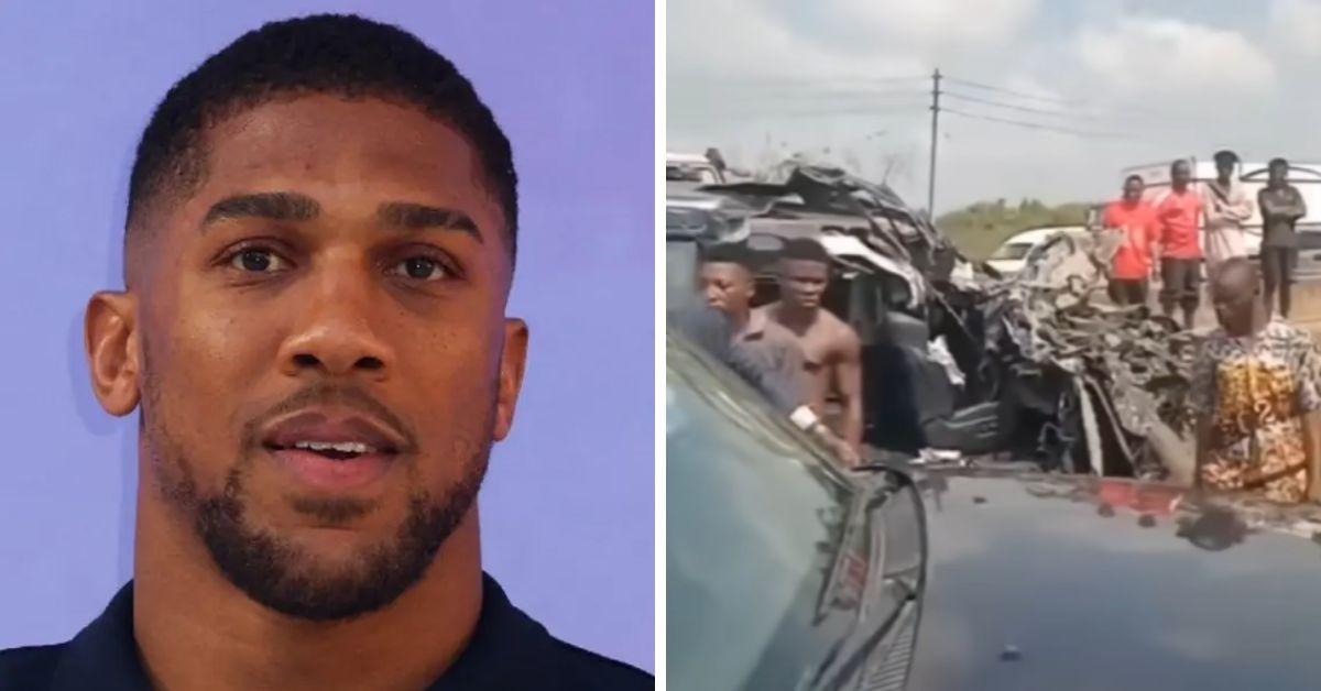 Split photos of Anthony Joshua and car crash scene