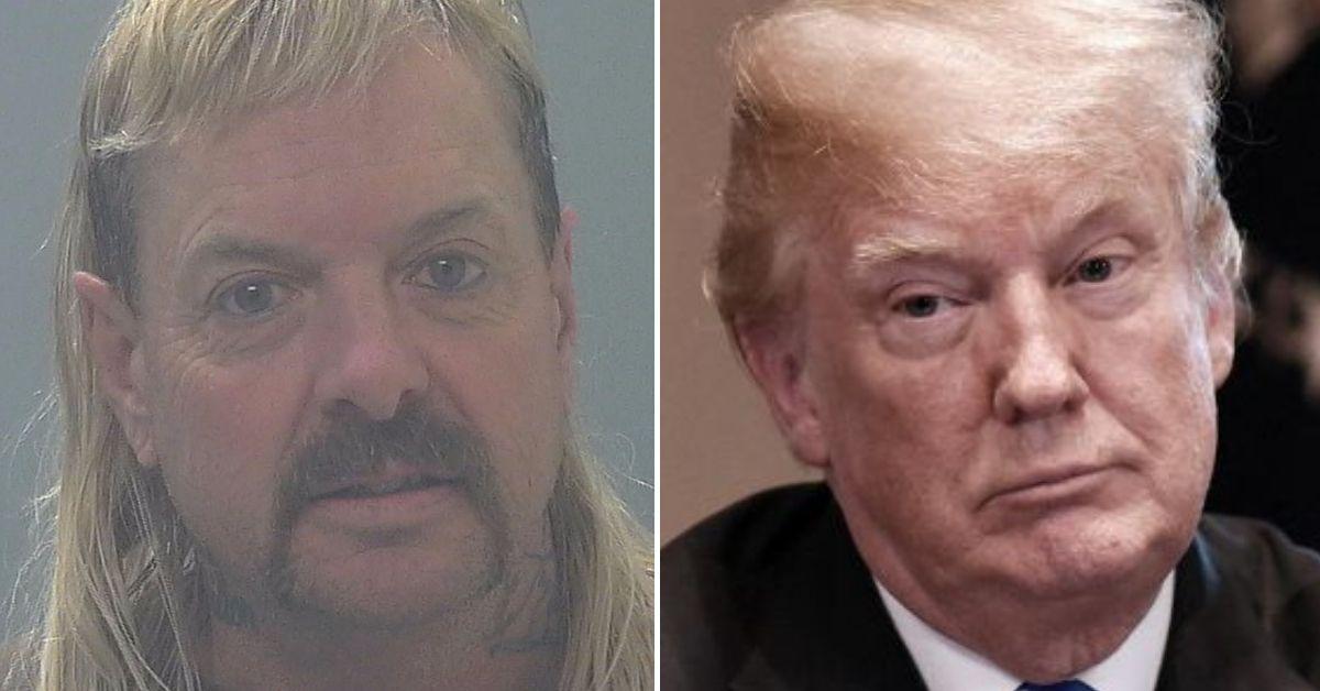 Split photo of Joe Exotic, Donald Trump.