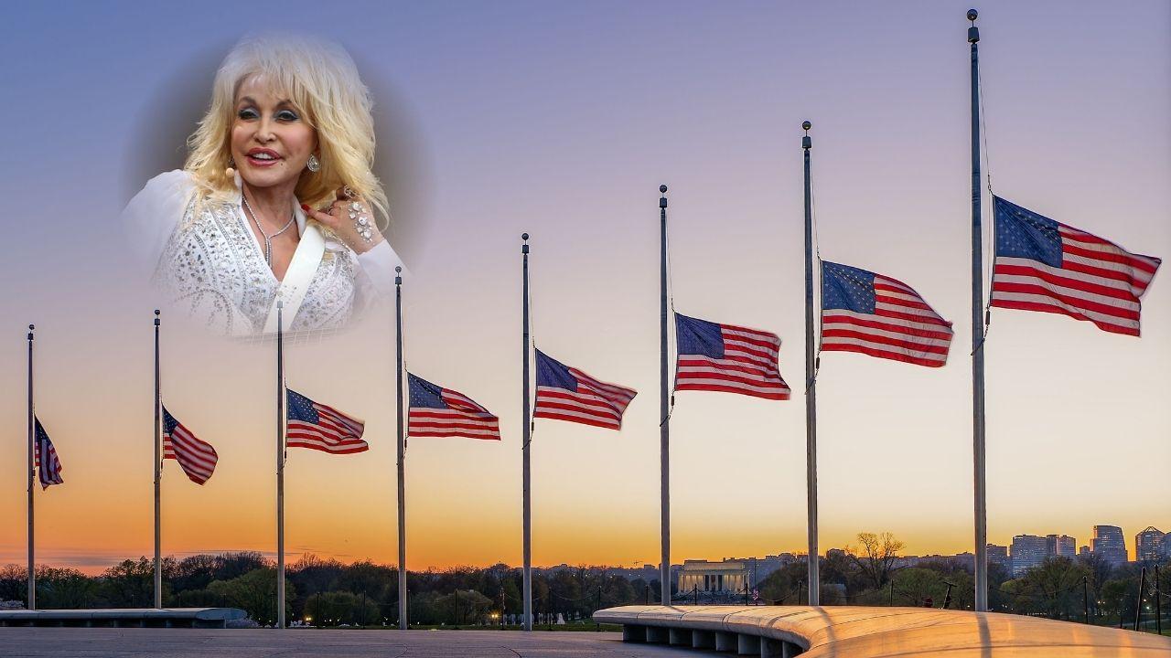 Photo of half-staff US flad and Dolly Parton