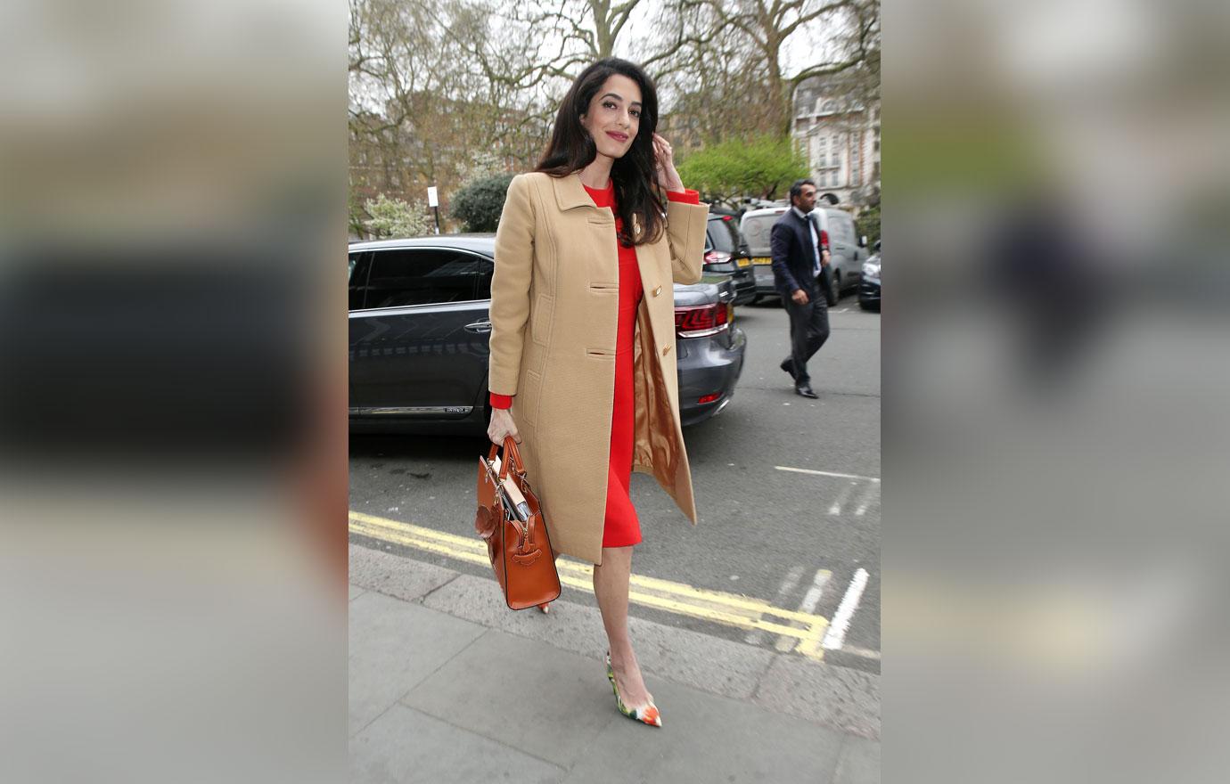 //amal clooney pregnant baby bump red dress photos