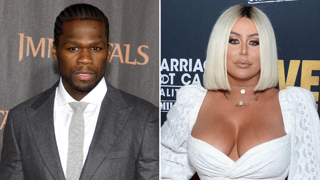 A photo of 50 Cent alongside a photo of Aubrey O'Day