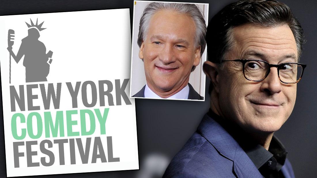 New York Comedy Festival Logo, Stephen Colbert Wearing Eye Glasses, Black Shirt and Blue Blazer Inset Bill Mahr Smiling Wearing White SHirt