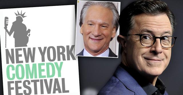 New York Comedy Festival Logo, Stephen Colbert Wearing Eye Glasses, Black Shirt and Blue Blazer Inset Bill Mahr Smiling Wearing White SHirt