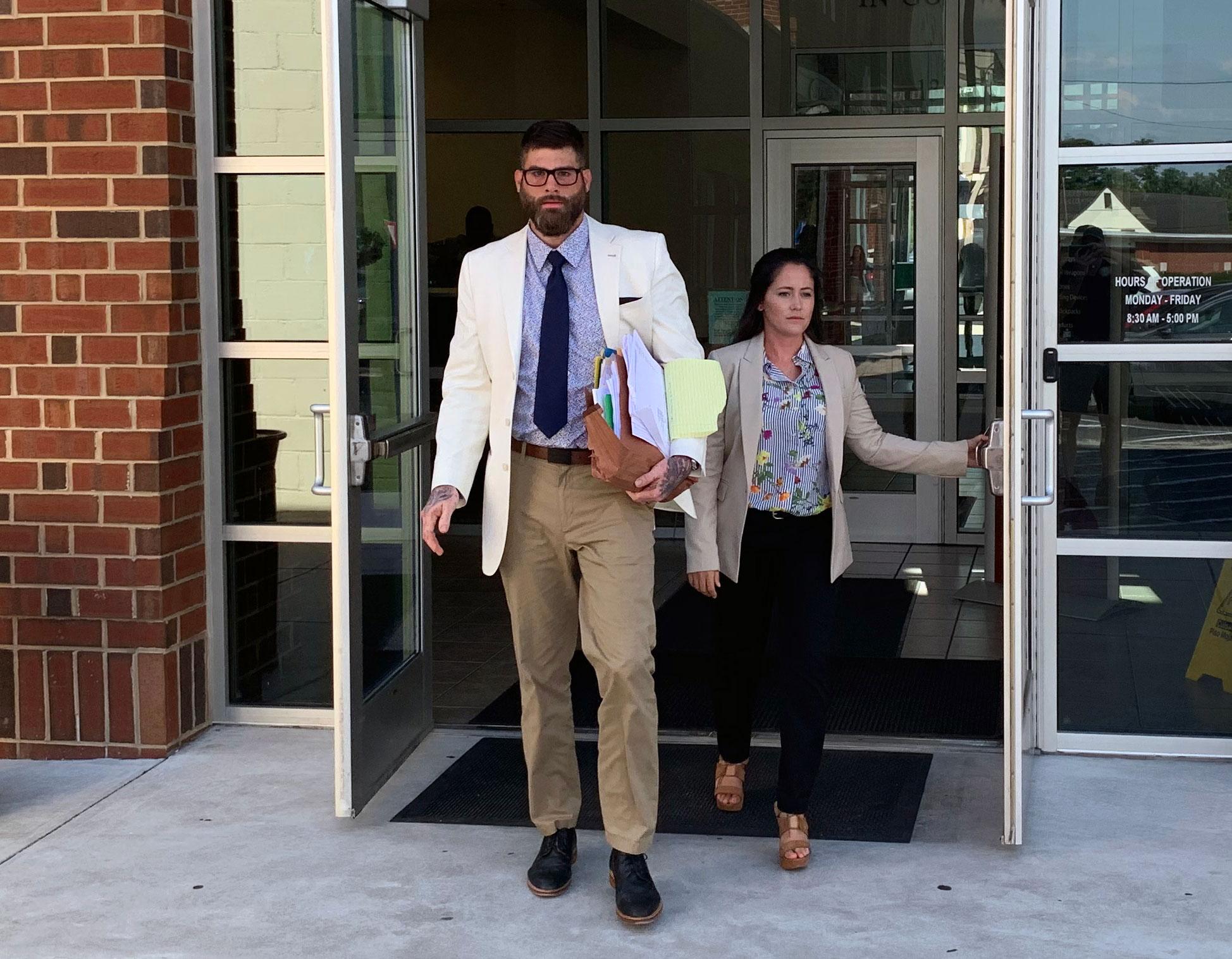 Jenelle Evans in Print Shirt and Blazer, BlackPants and David Eason in Striped Shirt, Blue Tie Creme Blazer Tan Slacks Walking Out Of Court House