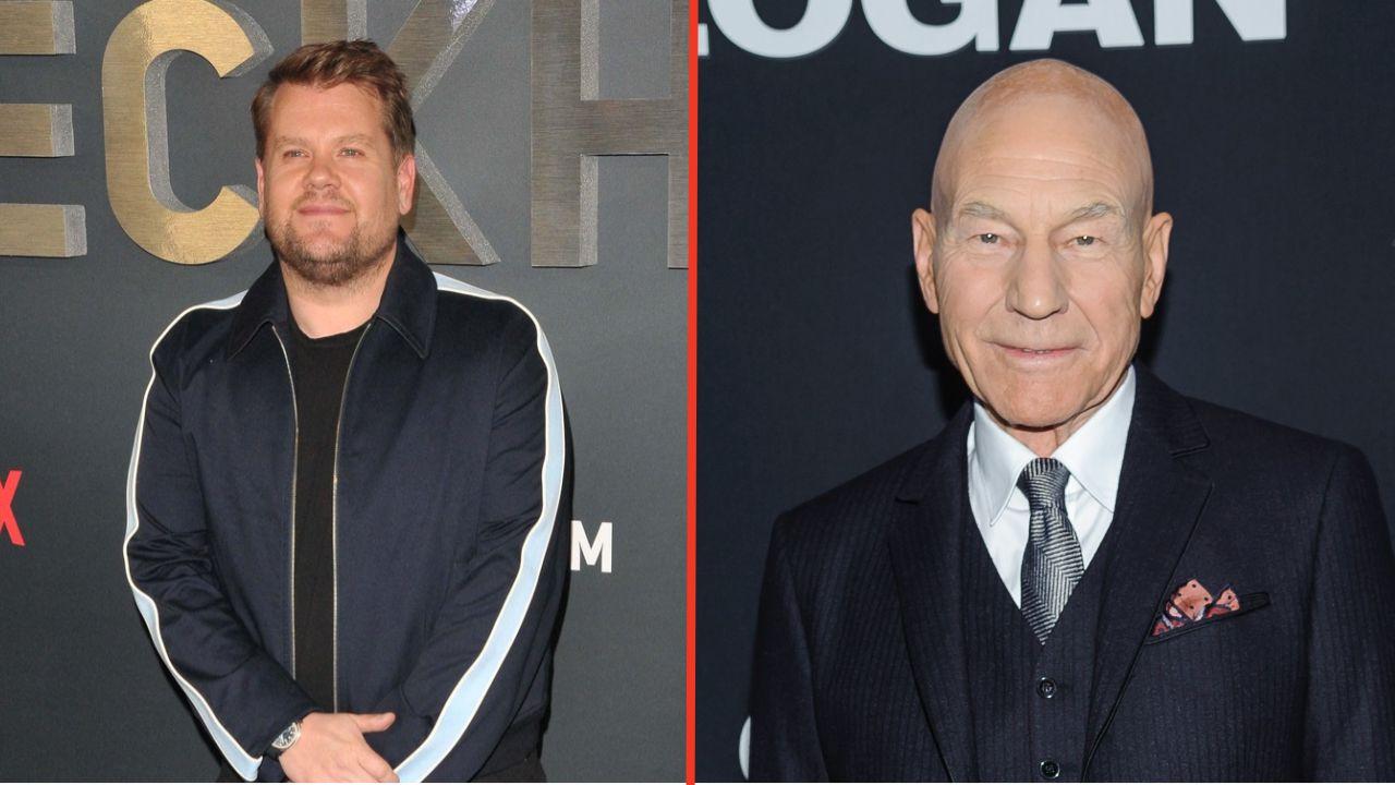 Split photo of James Corden and Patrick Stewart