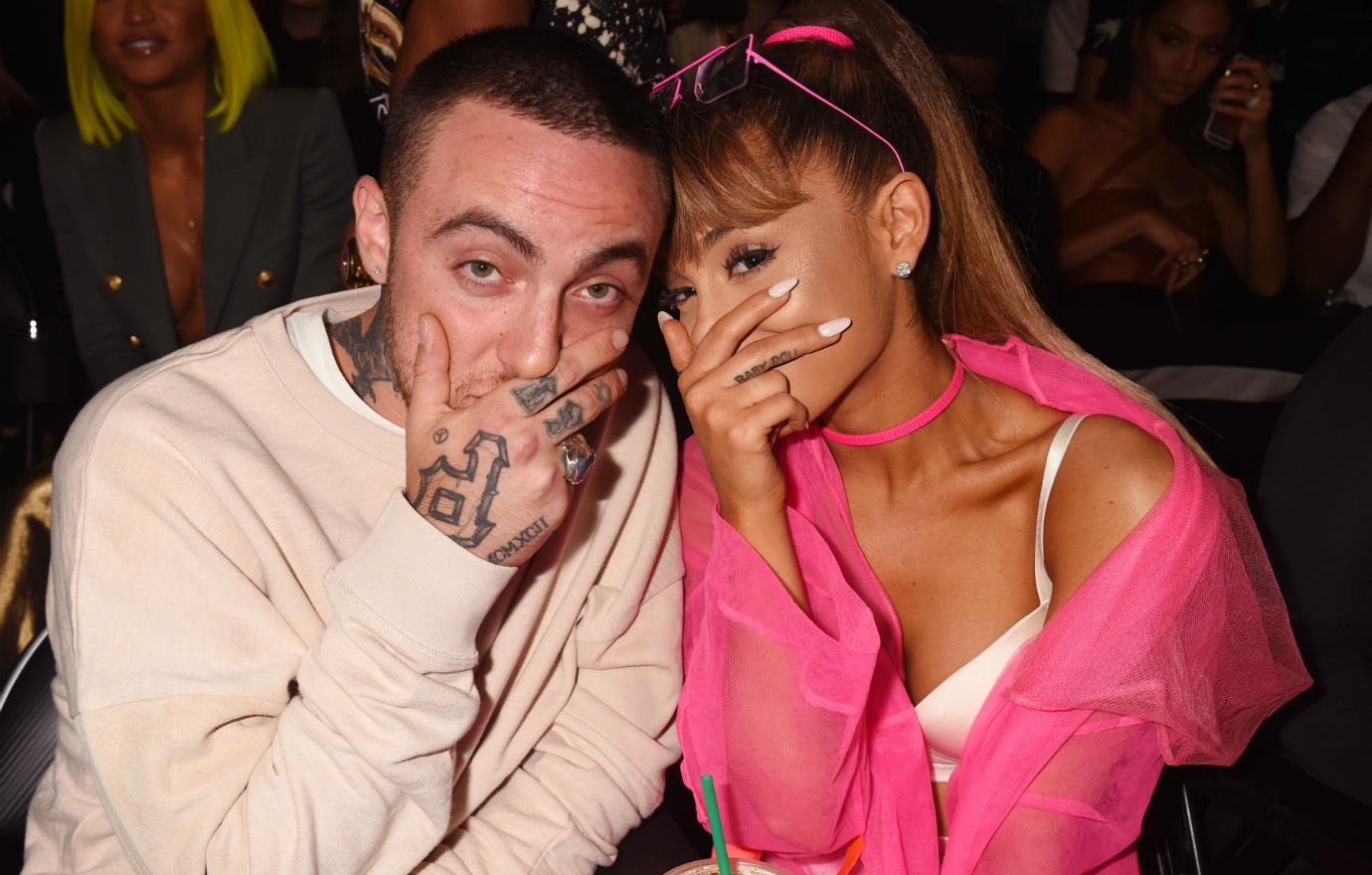 Mac Miller and singer Ariana Grande posed backstage during the 2016 MTV Video Music Awards at Madison Square Garden on August 28, 2016 in New York City.