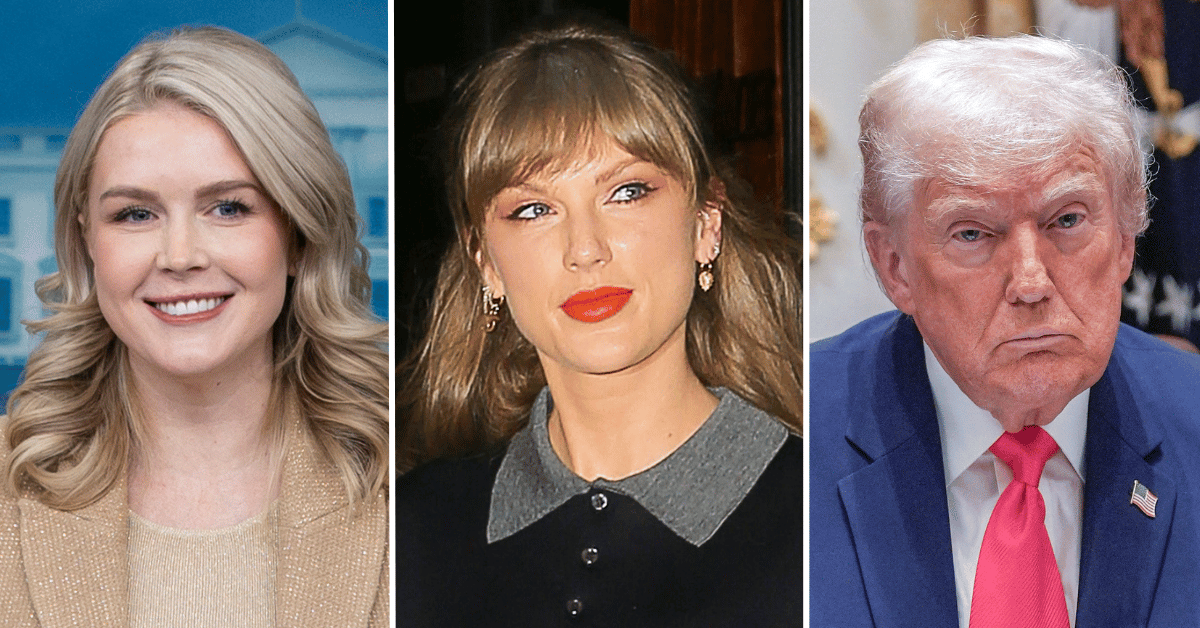 Split photo of Karoline Leavitt, Taylor Swift and Donald Trump