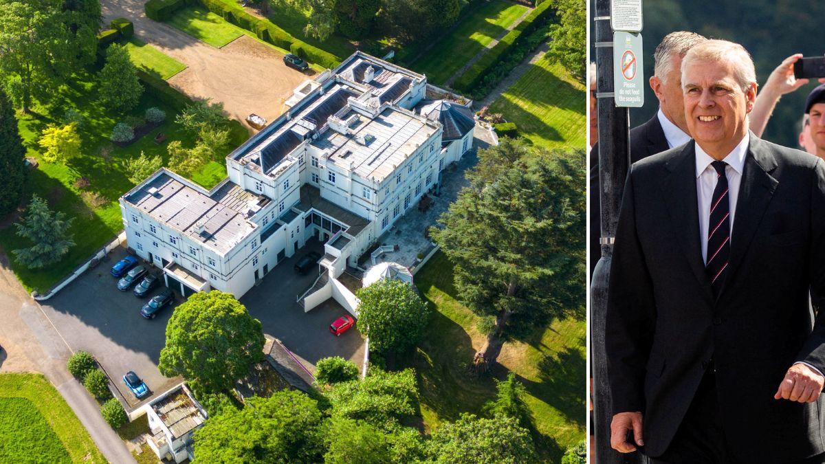 Split photo of Andrew Windsor and Royal Lodge