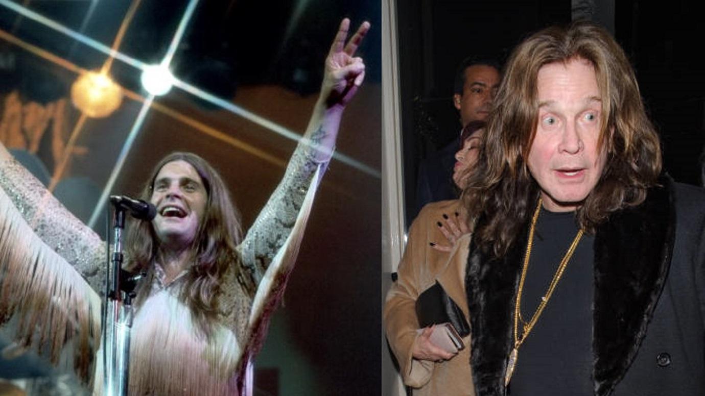 Young Ozzy Osbourne performs on stage, old Ozzy Osbourne walks.