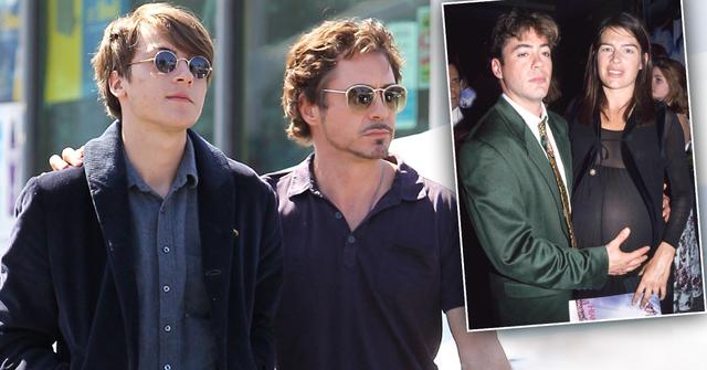 Robert Downey Jr. and Son Indio Walking With Arms Around Eachother with Inset of Deborah Falconer