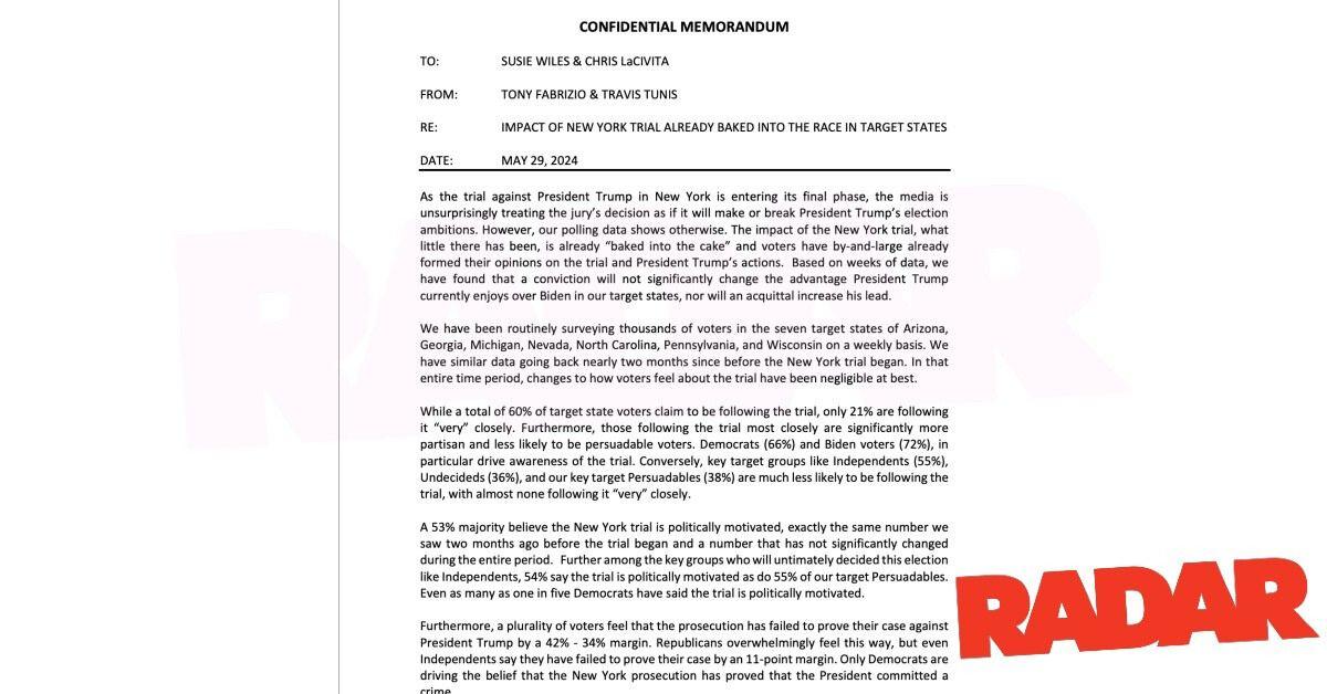 Leaked Memo Trump Pollsters Claim Verdict Already ‘Baked Into the Cake’