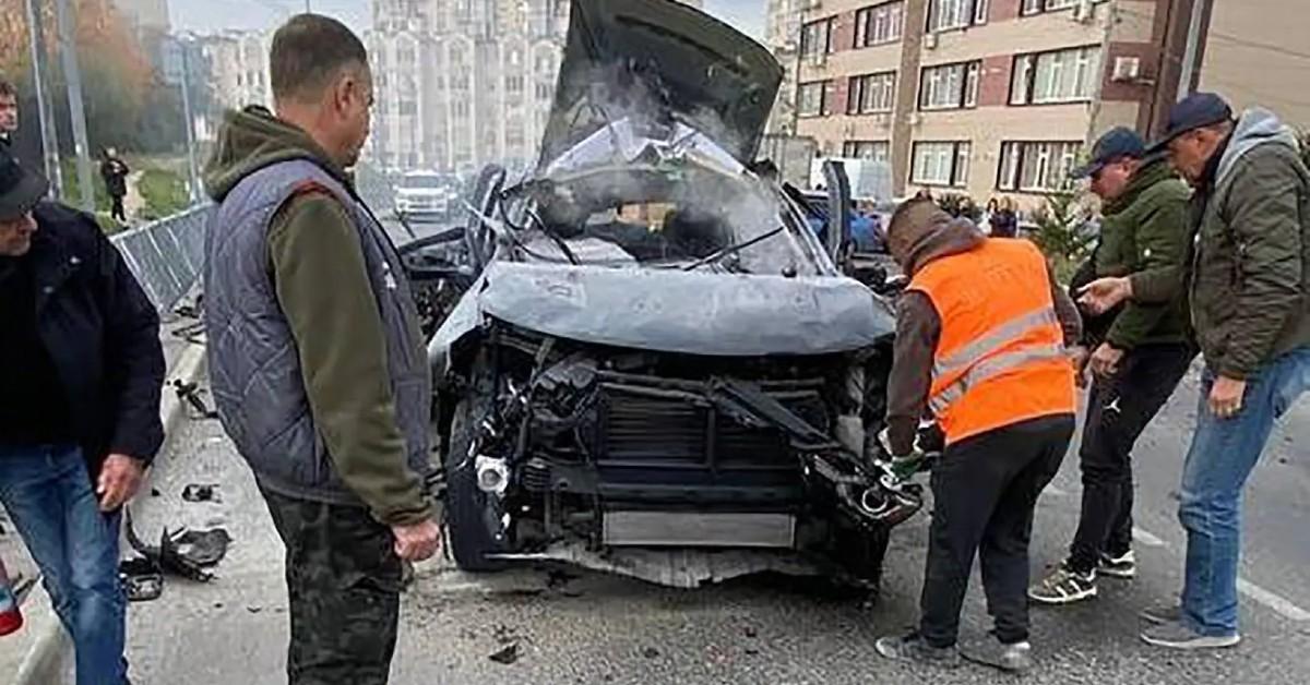 Composite photo of car blown up with Russian naval commander inside