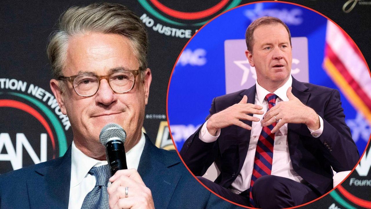 Split image of Joe Scarborough and Eric Schmitt